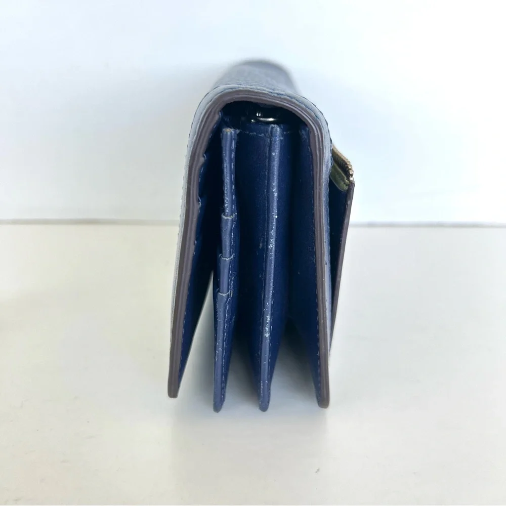 TOUS Navy Pebbled Genuine Leather Silver Bear Tous Logo Scarf and Flap Wallet